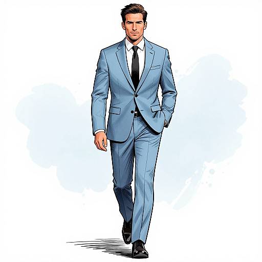 Illustration of a confident, handsome man in a light blue suit, white shirt, black tie, and black shoes, walking forward against a white background