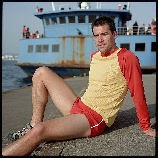 Photograph of a muscular, short-haired man in a yellow and red rash guard and red swim trunks, sitting on a dock, with a blue