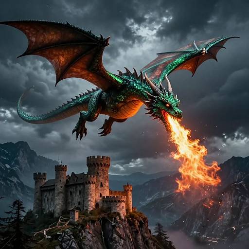 Emerald Dragon Over Mountain Castle