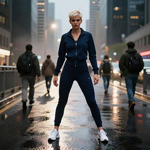 Photograph of a confident, short-haired woman in a black tracksuit and white sneakers, standing in a rainy city street, surrounded by blurred pedestrians and