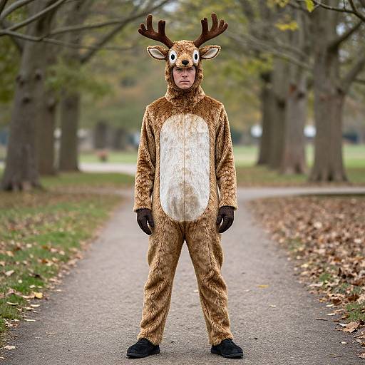 Photograph of a person standing in a park wearing a brown and white deer costume with antlers, black gloves, and shoes.