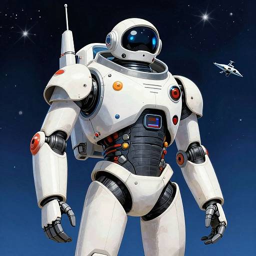 Digital illustration of a white, futuristic astronaut with blue-tinted visor, orange and red buttons, against a starry night sky, with a