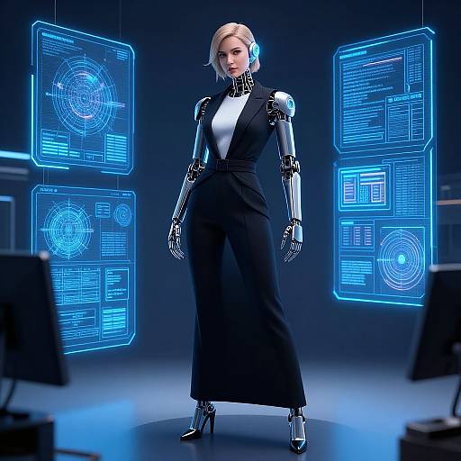 CGI image of a blonde, cybernetic woman in a black, v-neck dress and high heels, standing in a futuristic, neon-blue lit