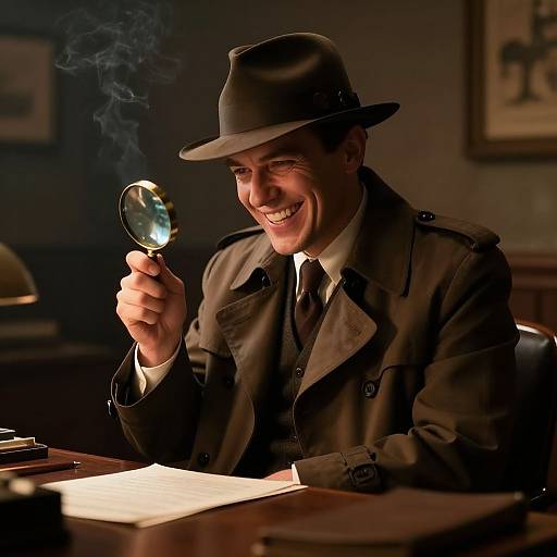 Photograph of a smiling man in a brown detective suit and hat, holding a magnifying glass, examining a document under dim, warm lighting in a