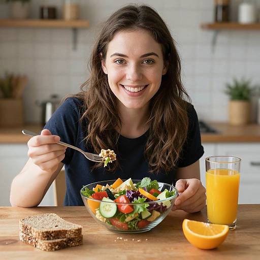 Smiling woman with long brown hair, black shirt, eating salad, holding fork, orange juice, sliced orange, and bread slices on wooden table.