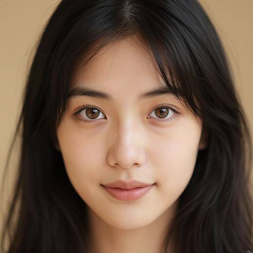 Photograph of a young East Asian woman with long black hair, fair skin, brown eyes, and light pink lips, smiling softly against a beige background
