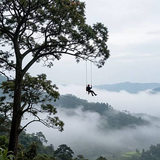 Photograph of a person swinging from a tree branch high above a misty, mountainous landscape with dense fog and lush greenery.