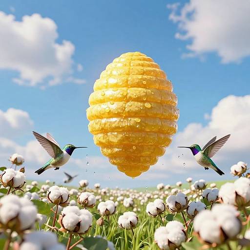 Photograph of two hummingbirds hovering before a giant, golden honeycomb against a bright blue sky, over a field of white cotton.