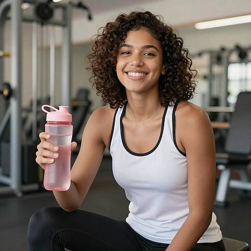 Smiling Woman Holding Water Bottle in Gym