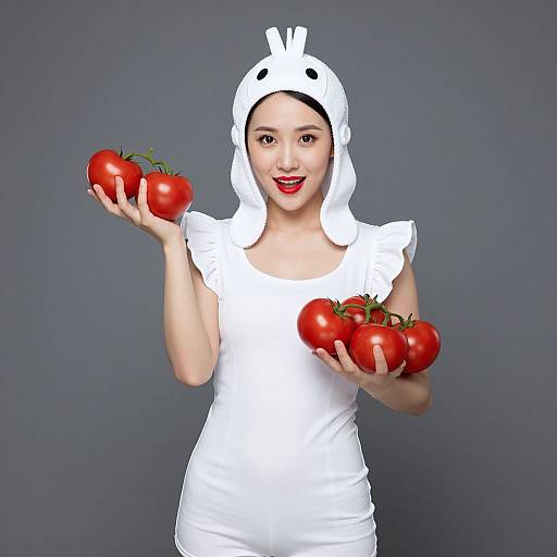 Photograph of an Asian woman with fair skin, wearing a white tomato costume with a hat, holding red tomatoes against a grey background, smiling with red