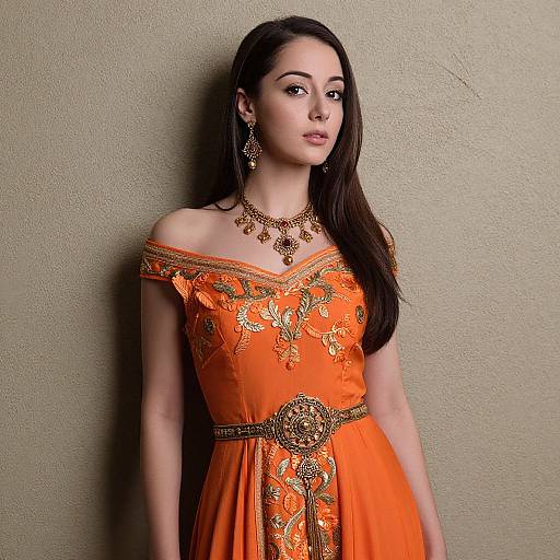 Photograph of a young woman with long dark hair, wearing an off-shoulder, vibrant orange dress adorned with gold embroidery, a matching necklace,