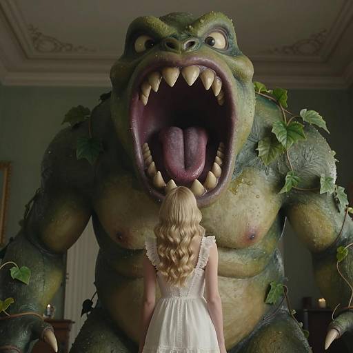 Blonde Woman Facing Giant Green Monster