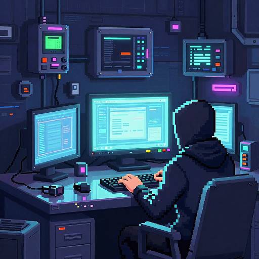 Pixel art of a hooded person typing at a dark, neon-lit control station with multiple glowing screens and tech equipment.