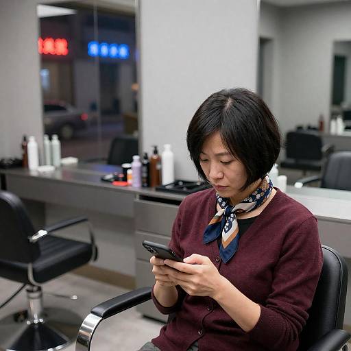 Dim Salon Reflection: Woman on Phone