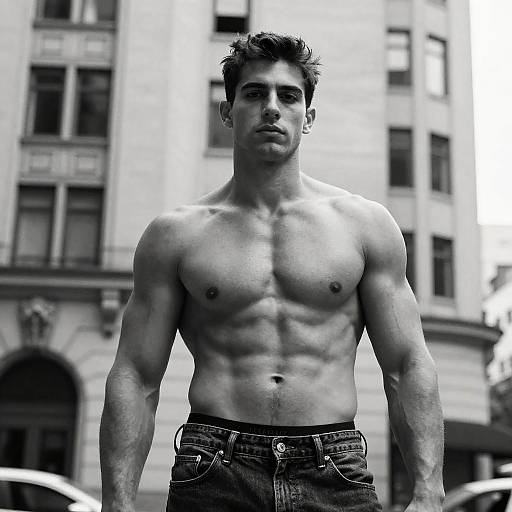 Black-and-white photograph of a muscular, shirtless young man with short, dark hair standing in front of a blurred urban building. He wears jeans,