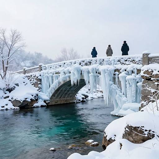 Photograph of a snow-covered bridge with icicles, three people in winter clothes standing on the icy arch, blue river below.