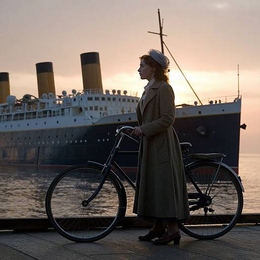Photograph of a woman in a brown trench coat and white hat, standing beside a bicycle, silhouetted against a sunset with a large ship
