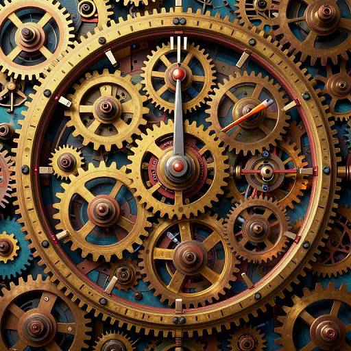 Photograph of intricate, steampunk-style clock mechanism with golden gears, cogs, and hands, set against a dark blue background.