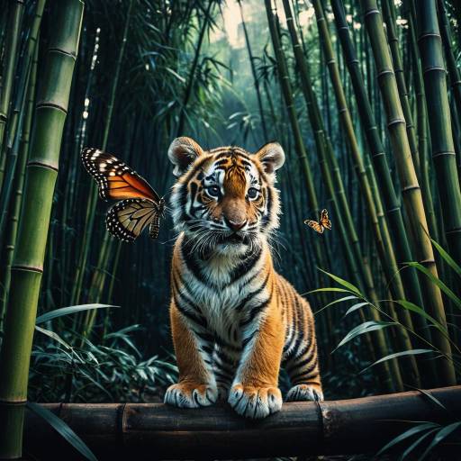 Tiger Cub with Butterfly Wings in Bamboo Forest Tiger Cub with Butterfly Wings in Bamboo Forest