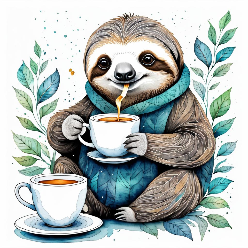 Whimsical Sloth Enjoying Tea Illustration