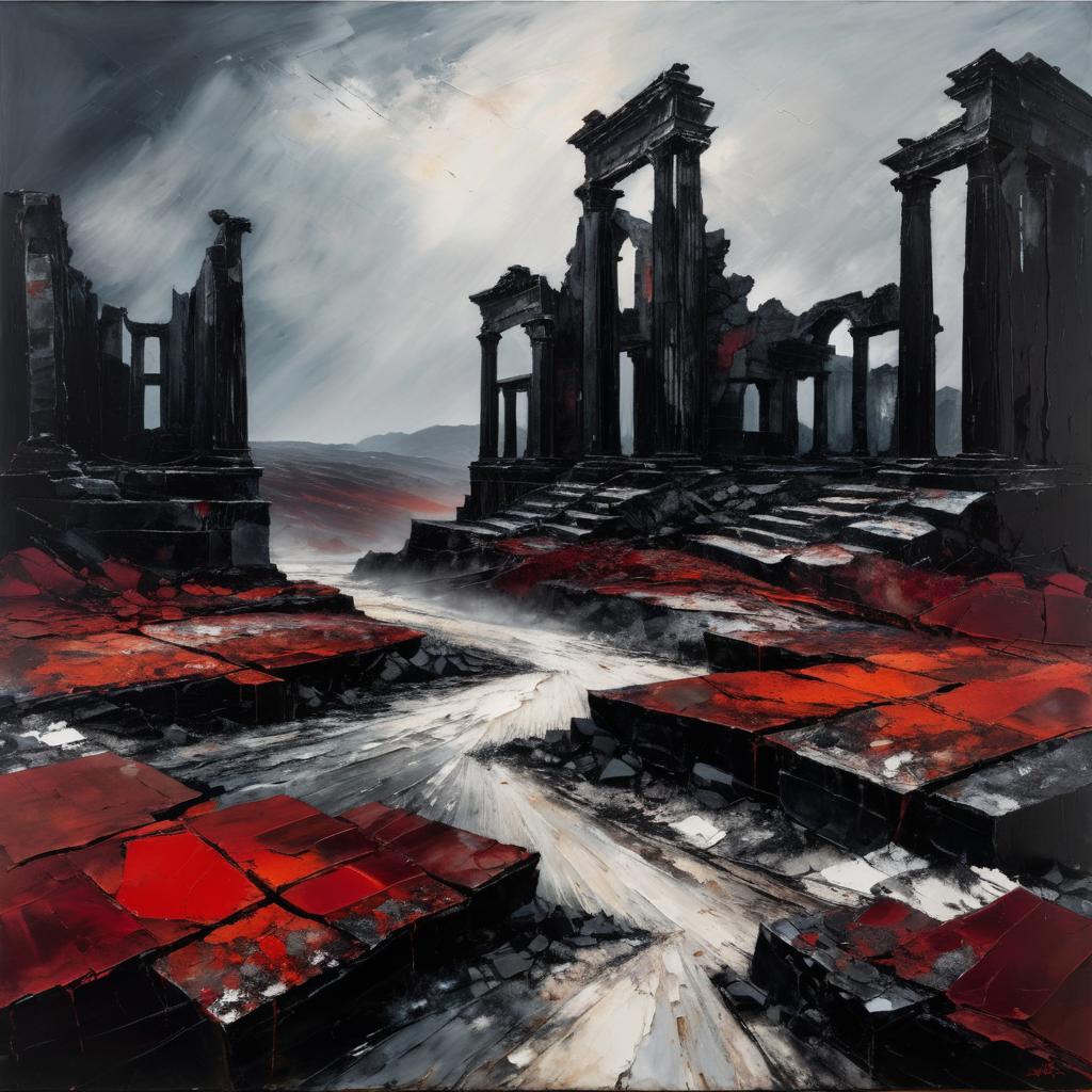 Stormy Abstract Ruins in Deep Reds