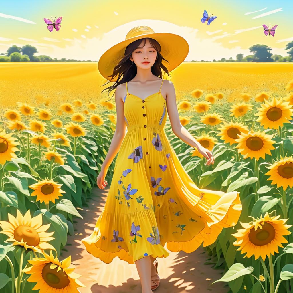 Dreamy Woman in a Sunflower Field