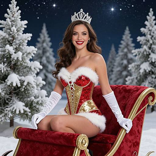 Photograph of a smiling woman with long brown hair, wearing a red velvet Santa dress with white fur trim, gold corset, white gloves, and