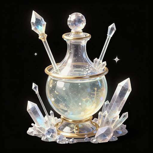 Glowing crystal bottle with gold trim, adorned with crystal shards, against a black background. The bottle's transparent glass reflects light, highlighting its magical
