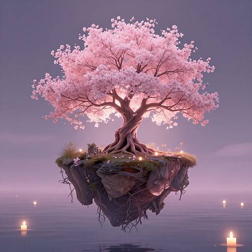 CGI image of a floating, pink cherry blossom tree on a rocky island with candles and a small castle at its base.
