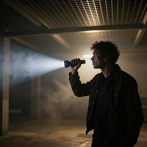 Mysterious Man with Flashlight in Shadows