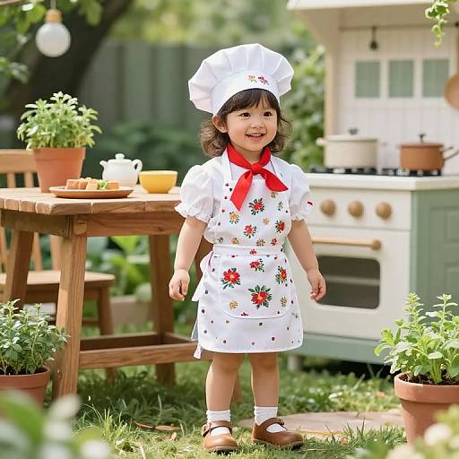 Photograph of a cute young Asian girl in a white floral apron, red neckerchief, chef hat, and brown shoes, standing in a