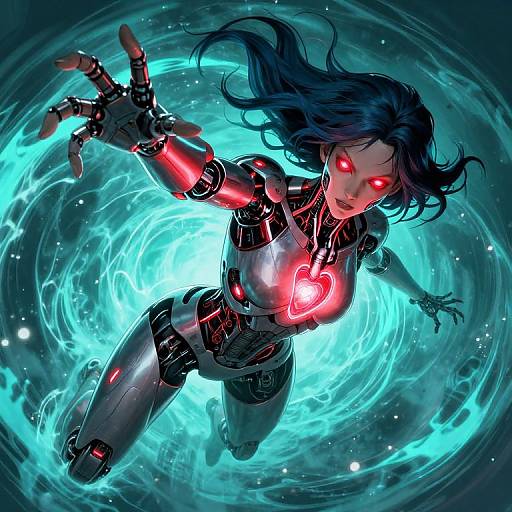 Digital art of a cybernetic woman with glowing red eyes and heart-shaped chest light, floating amidst swirling blue energy.