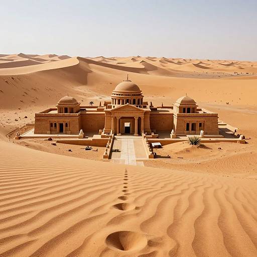 Photograph of a sand-colored, domed mosque centered in a vast, rippled desert with undulating sand dunes under a clear, bright sky