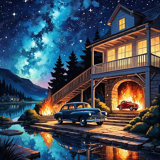Vintage Cars by Lakeside Cabin Under Starry Night