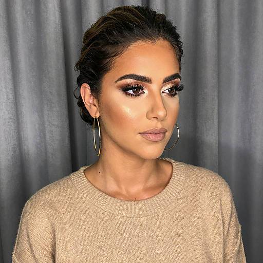 Portrait of Woman with Beige Sweater and Gold Earrings