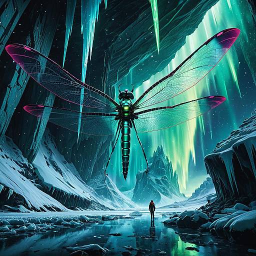 Colossal Mechanical Dragonfly over Glowing Ice Caverns