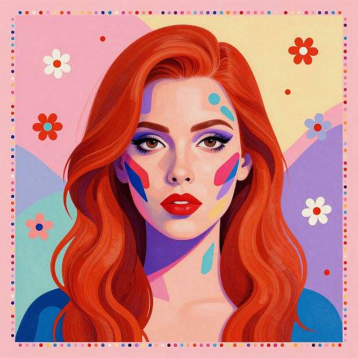 Digital pop art portrait of a red-haired woman with vibrant face paint, red lips, and colorful background featuring flowers and dots.