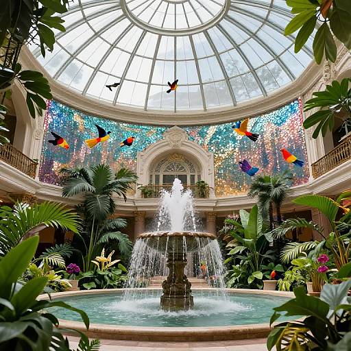 Photograph of a vibrant, tropical indoor conservatory with a grand dome ceiling, colorful stained glass, cascading fountain, lush greenery, and flying
