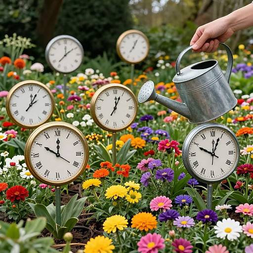 Photograph of a hand watering a vibrant flower garden with five clocks, each displaying different times, surrounded by colorful flowers.