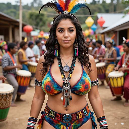 Photograph of a curvy, dark-haired woman with medium skin wearing a colorful tie-dye bikini, feathered headdress, and tribal jewelry,