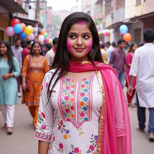 Photograph of a smiling Indian woman with dark hair, floral-patterned white kurta, pink scarf, and pink henna on her cheeks, standing
