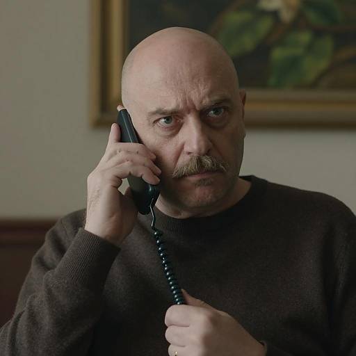 Middle-aged man talking on corded phone