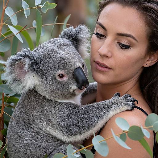 Photograph of a woman with fair skin, brown hair, and subtle makeup, gently holding a grey koala with white fur and black nose, surrounded