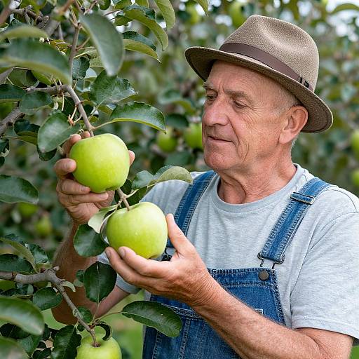 Photograph of an elderly white man with a brown hat, white t-shirt, and blue overalls, holding two green apples in a lush apple orch