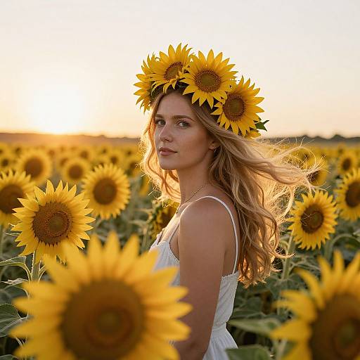 Photograph of a blonde woman with sunflower crown, white dress, standing in sunflower field at sunset, golden sunlight illuminating.