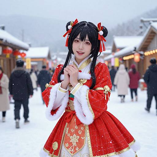 Photograph of an Asian woman in a festive red and white Chinese winter dress with fur trim, black hair in buns, and red ribbons,