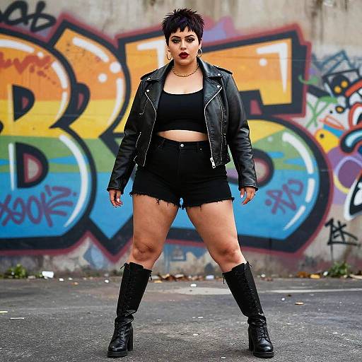Photograph of a confident, short-haired woman in a black crop top, denim shorts, leather jacket, and knee-high boots, standing in front of