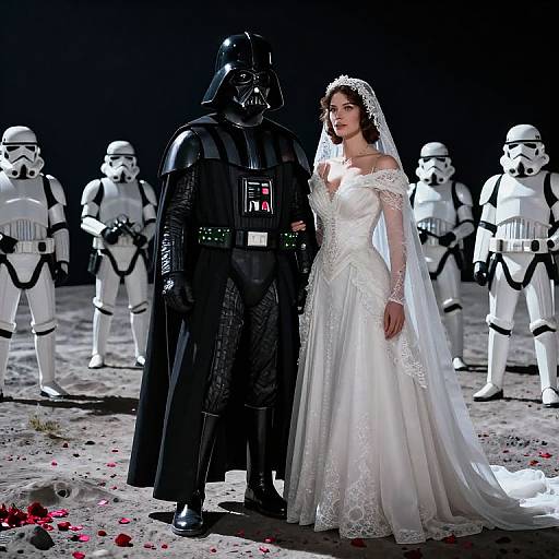 Photorealistic digital image: Darth Vader in black armor stands beside a white-lace bride in a long veil, surrounded by white stormtroopers on