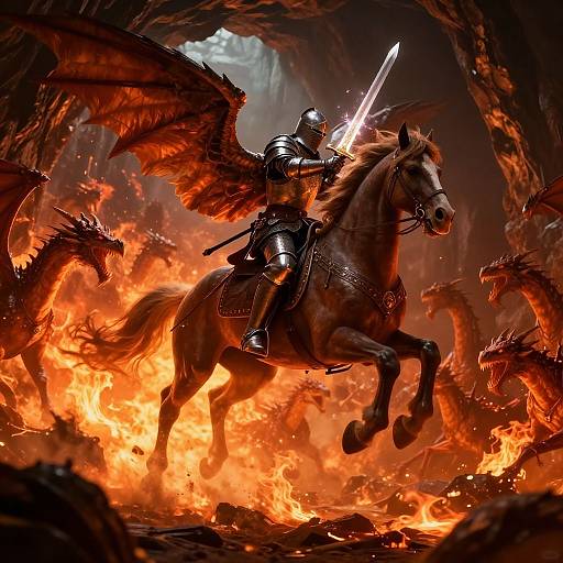 Digital fantasy artwork of an armored knight with wings riding a galloping horse, wielding a glowing sword amidst fiery, dragon-filled cavern.