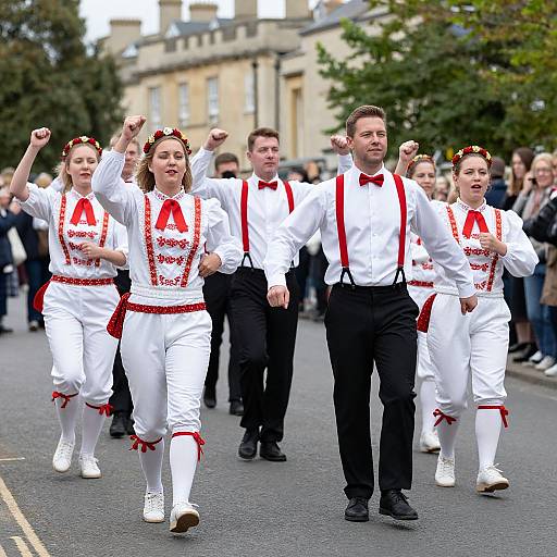 Photograph of a lively parade with four people in white outfits with red suspenders and headbands, raising fists, flanked by men in black pants